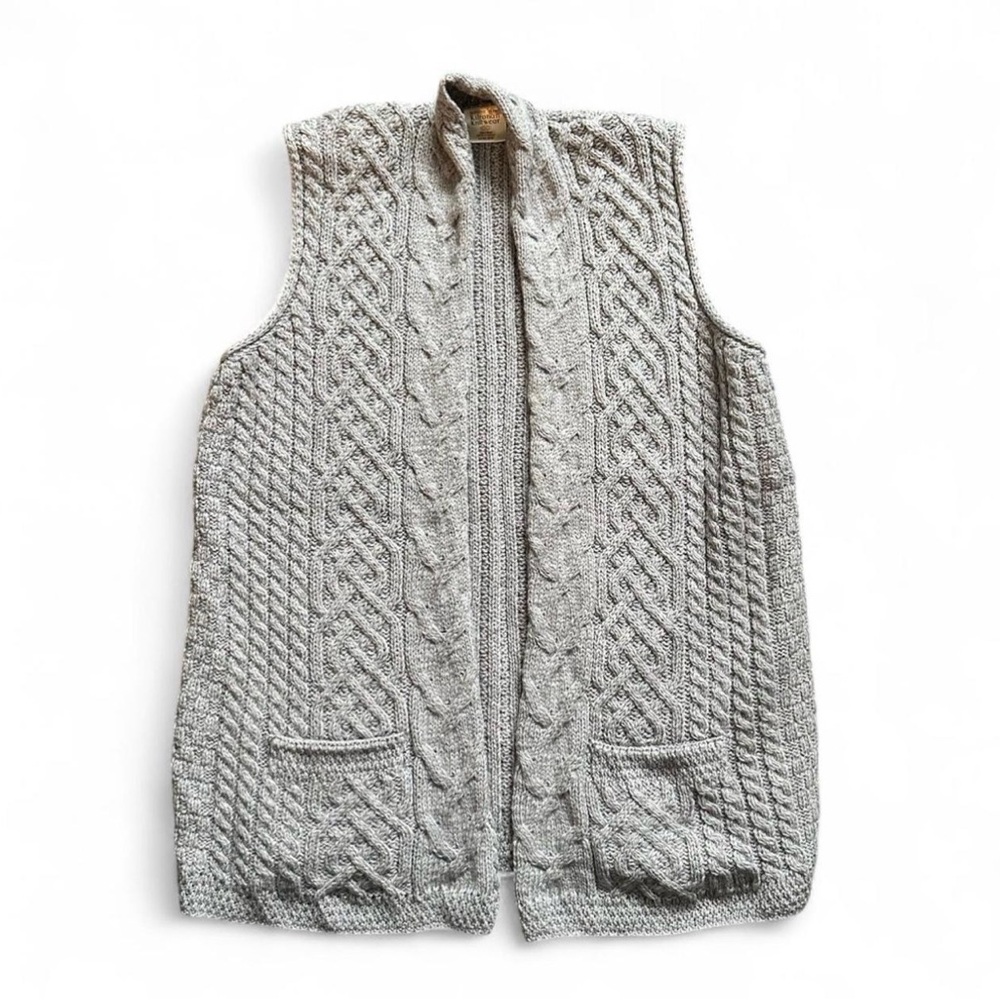Gray Cable Knit Ireland Made Merino Wool Women's Cardigan Vest Large